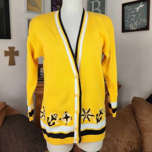 Vintage Austin Hill Yellow Nautical Themed Cardigan Sweater S/P - Picture 1 of 4